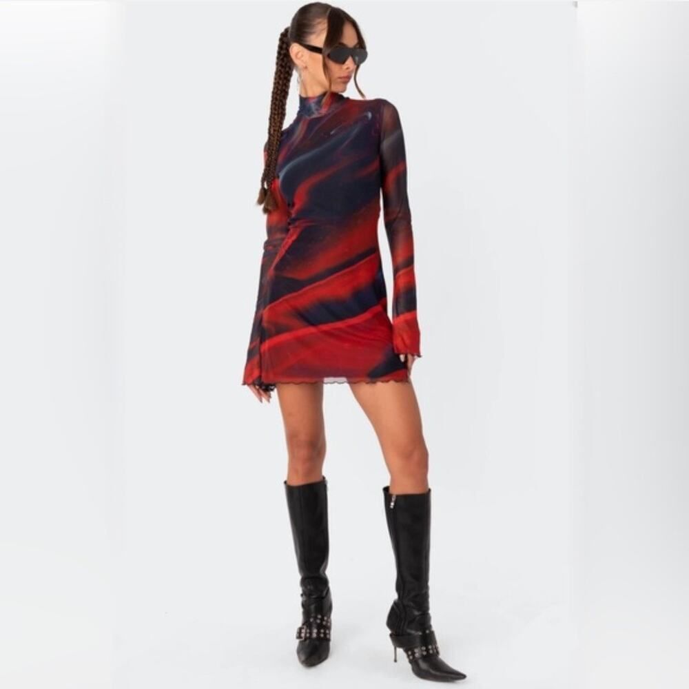 Edikted Sparks Fly Mock Neck Long Sleeve Mesh Mini Dress Size Small